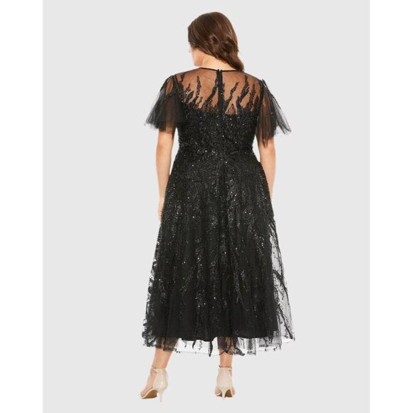 MAC DUGGAL Size 24 Black 20477 Flutter Sleeve Embellished Cocktail Midi Dress - Picture 3 of 10